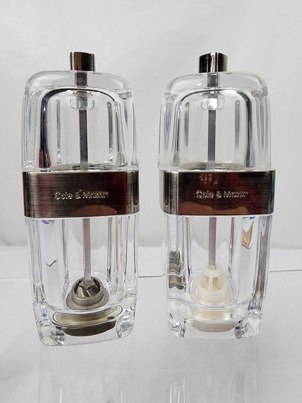 Cole & Mason Acrylic Lucite Cube Clear 5" Salt & Pepper Mill Grinder Set